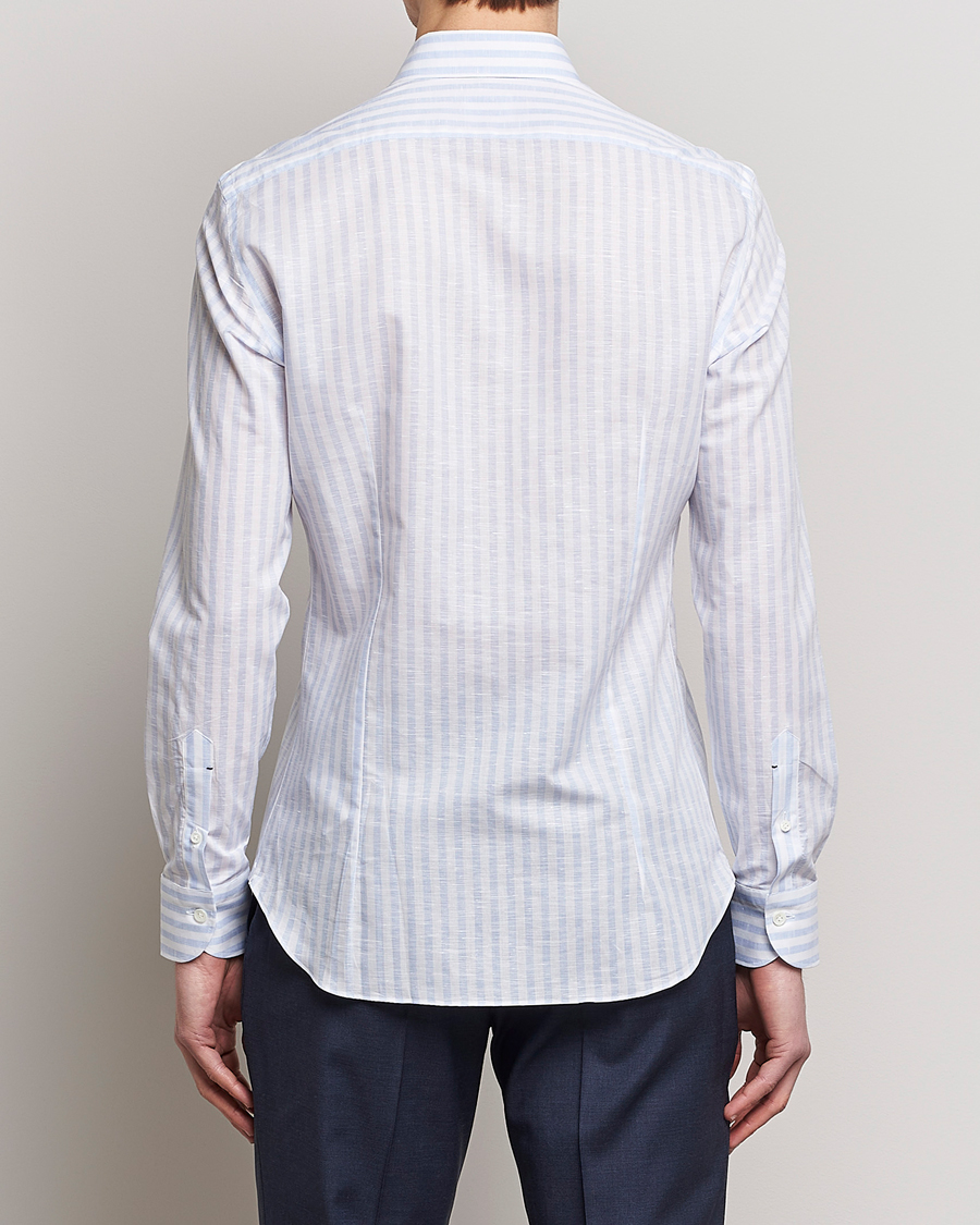 Herre | Skjorter | Mazzarelli | Soft Cotton/Linen Shirt Light Blue Stripe