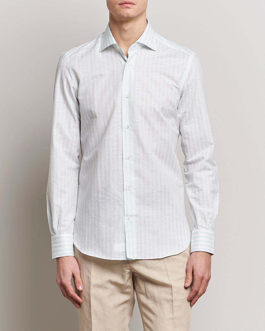 Herre | Linskjorter | Mazzarelli | Soft Cotton/Linen Shirt Light Green Stripe