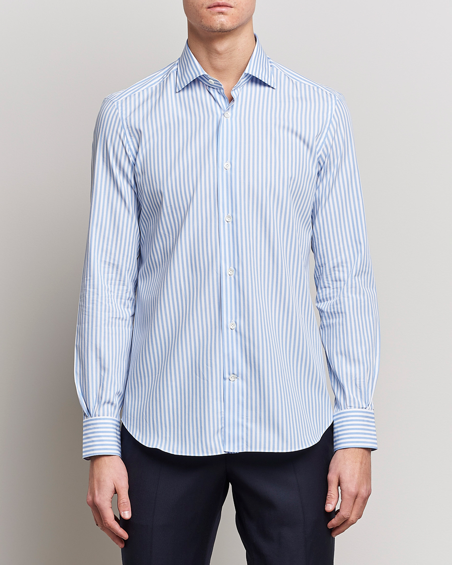 Herre |  | Mazzarelli | Soft Cotton Cut Away Shirt Blue Stripe