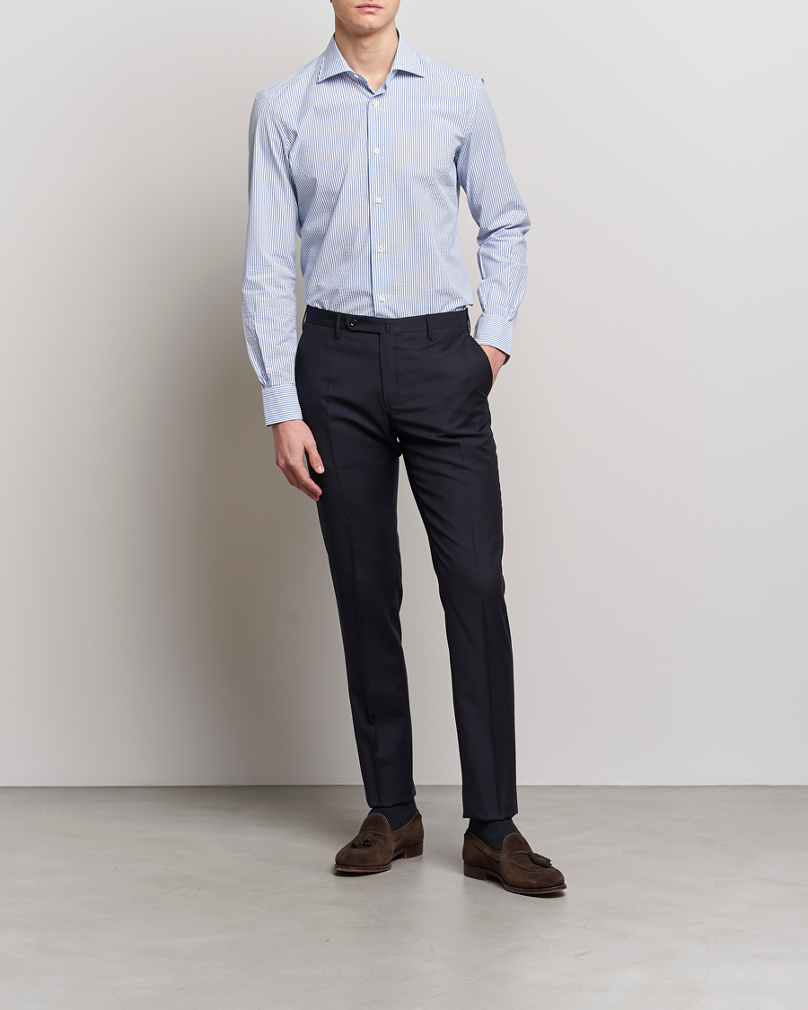 Herre | Skjorter | Mazzarelli | Soft Seersucker Shirt Light Blue Stripe