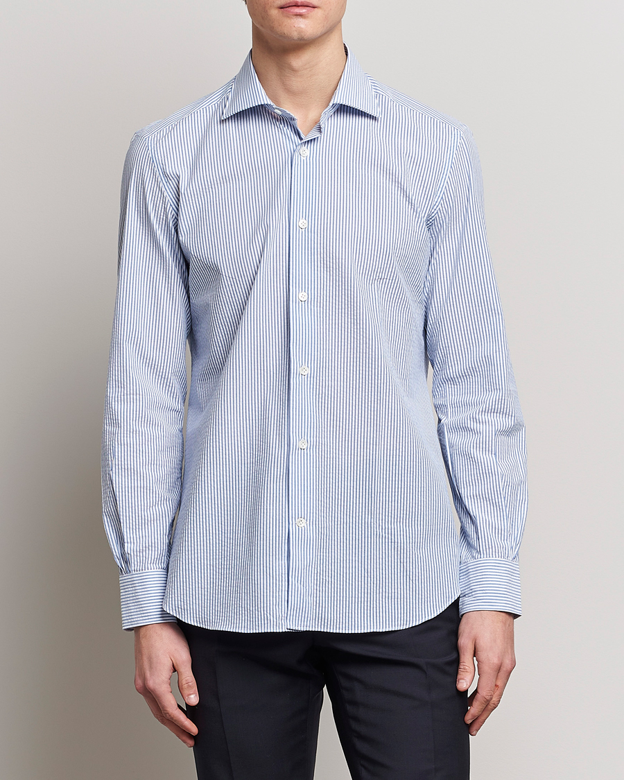 Herre |  | Mazzarelli | Soft Seersucker Shirt Light Blue Stripe