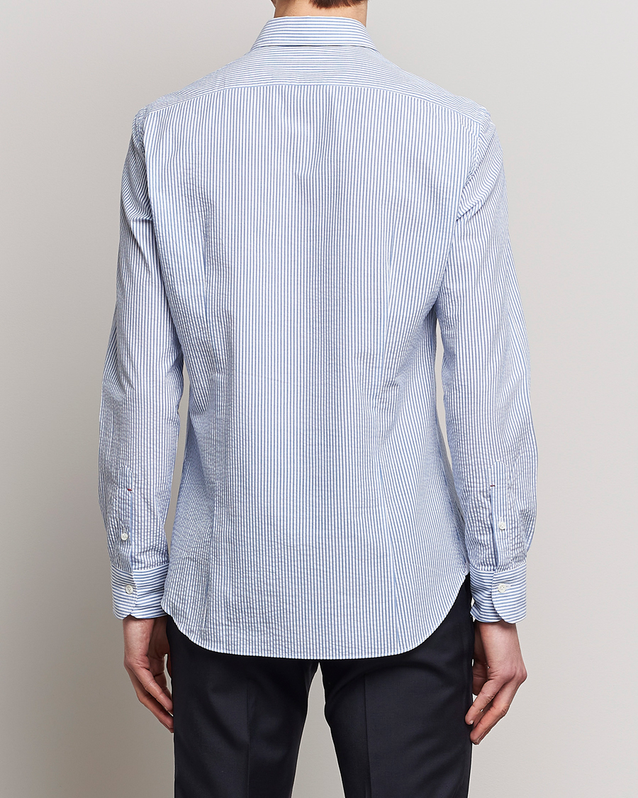 Herre | Skjorter | Mazzarelli | Soft Seersucker Shirt Light Blue Stripe