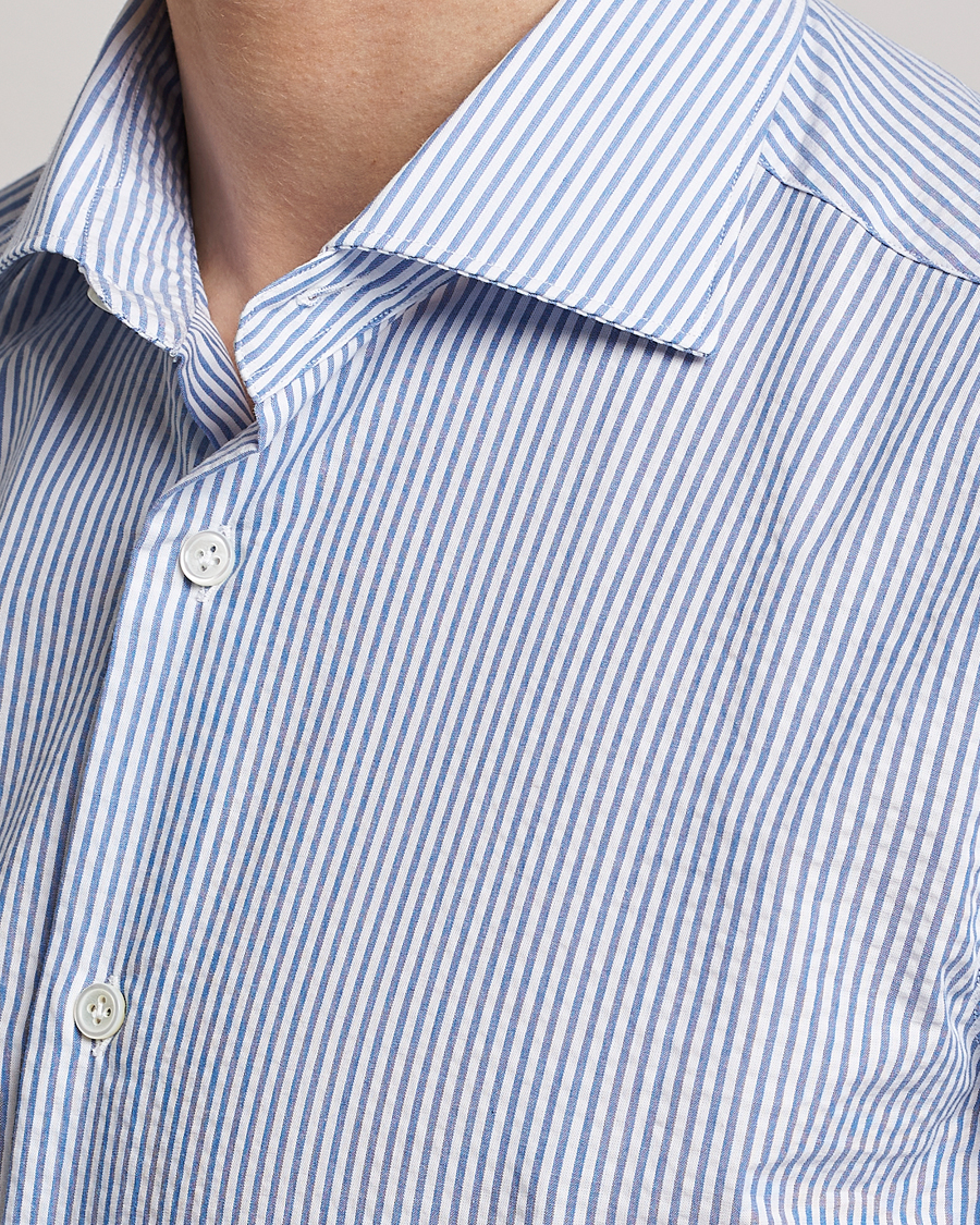Herre | Skjorter | Mazzarelli | Soft Seersucker Shirt Light Blue Stripe