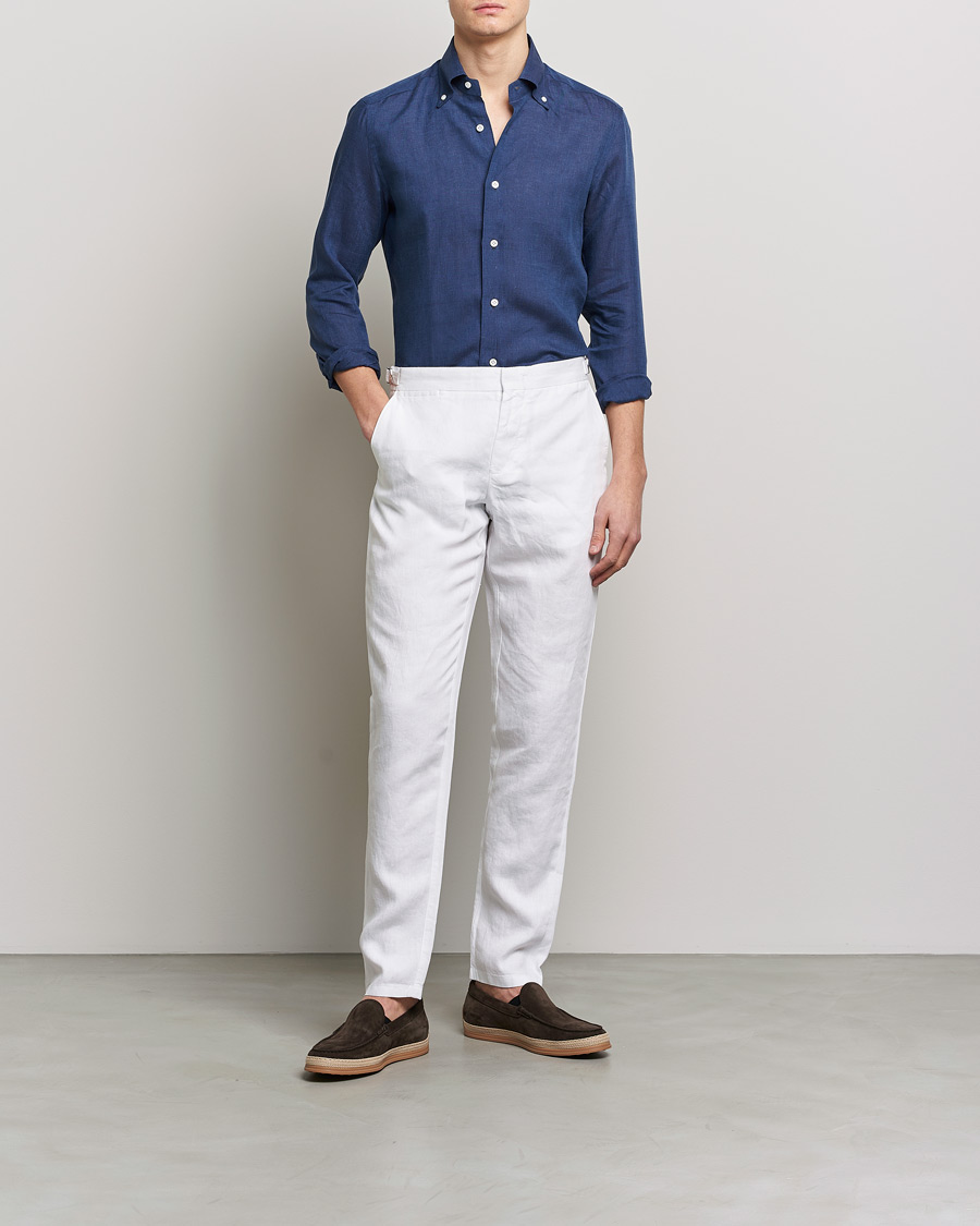 Herre | Skjorter | Mazzarelli | Soft Linen Button Down Shirt Navy