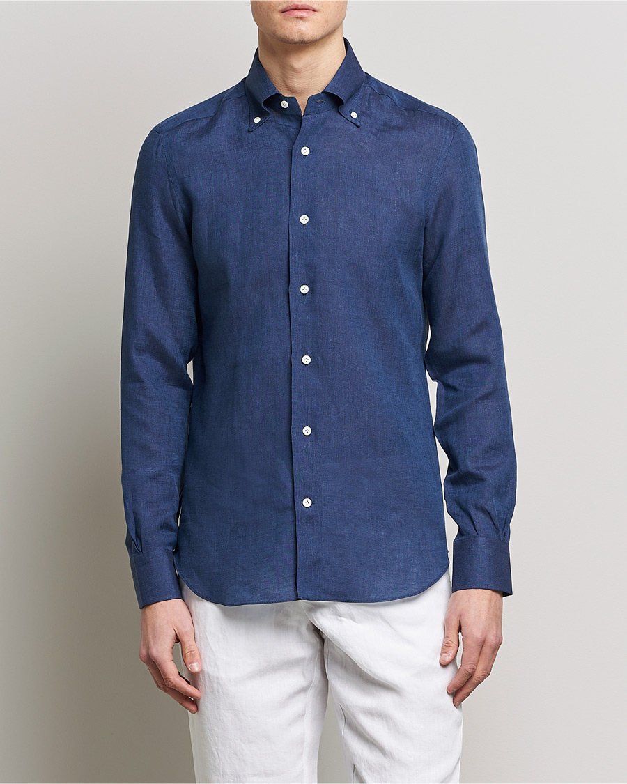 Herre | Skjorter | Mazzarelli | Soft Linen Button Down Shirt Navy