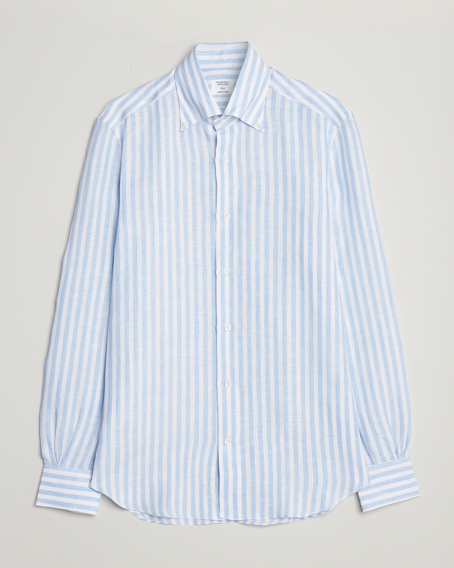 Herre | Skjorter | Mazzarelli | Soft Linen Button Down Shirt Light Blue Stripe
