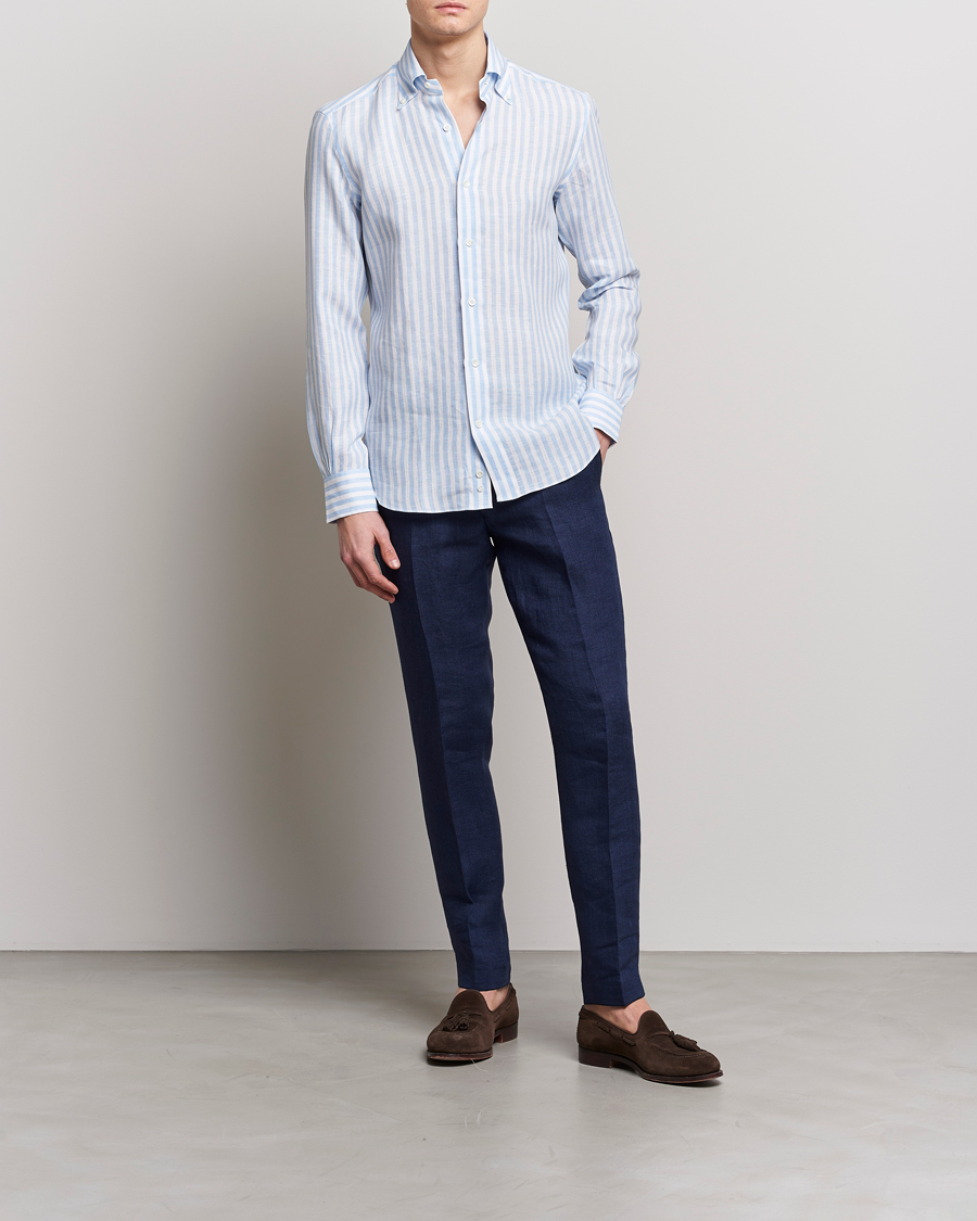 Herre | Skjorter | Mazzarelli | Soft Linen Button Down Shirt Light Blue Stripe
