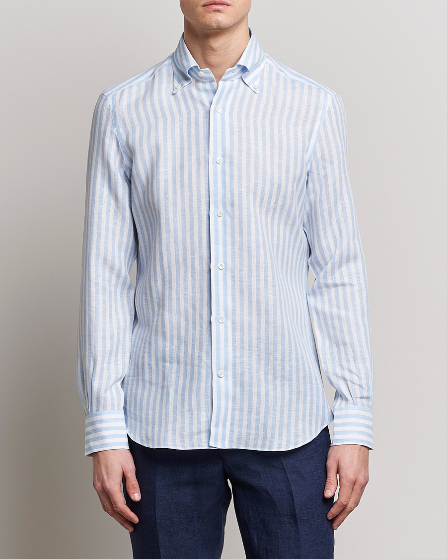 Herre |  | Mazzarelli | Soft Linen Button Down Shirt Light Blue Stripe