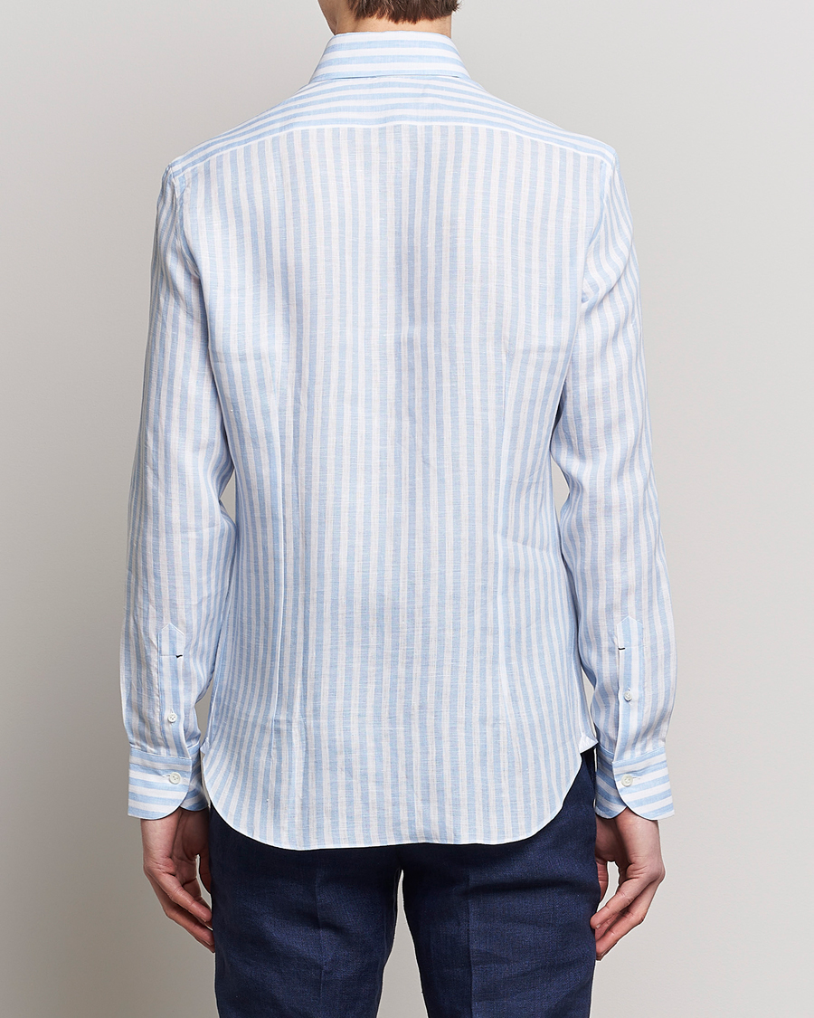 Herre | Skjorter | Mazzarelli | Soft Linen Button Down Shirt Light Blue Stripe