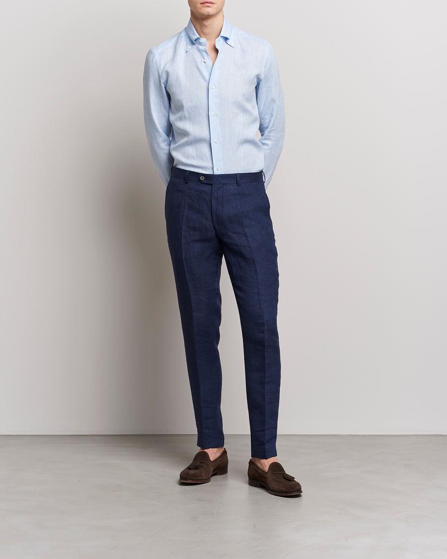Herre | Skjorter | Mazzarelli | Soft Linen Button Down Shirt Light Blue