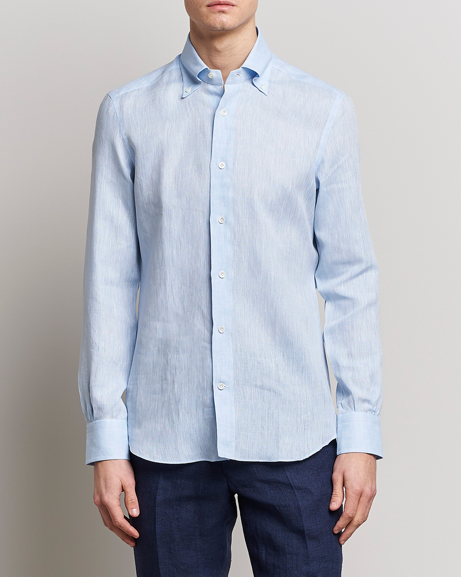 Herre |  | Mazzarelli | Soft Linen Button Down Shirt Light Blue