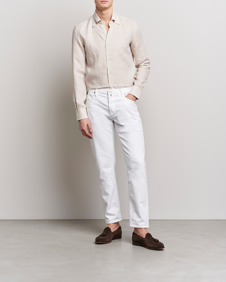 Herre | Skjorter | Mazzarelli | Soft Linen Button Down Shirt Beige
