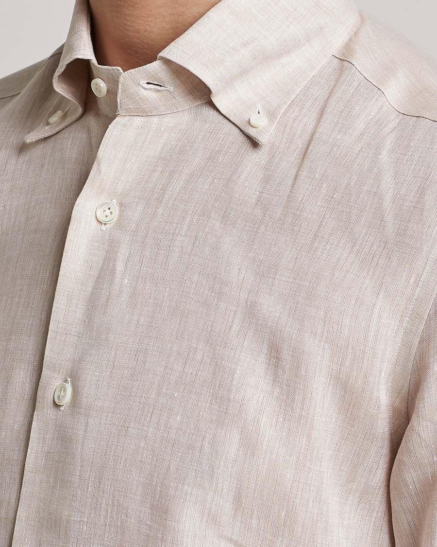 Herre | Skjorter | Mazzarelli | Soft Linen Button Down Shirt Beige