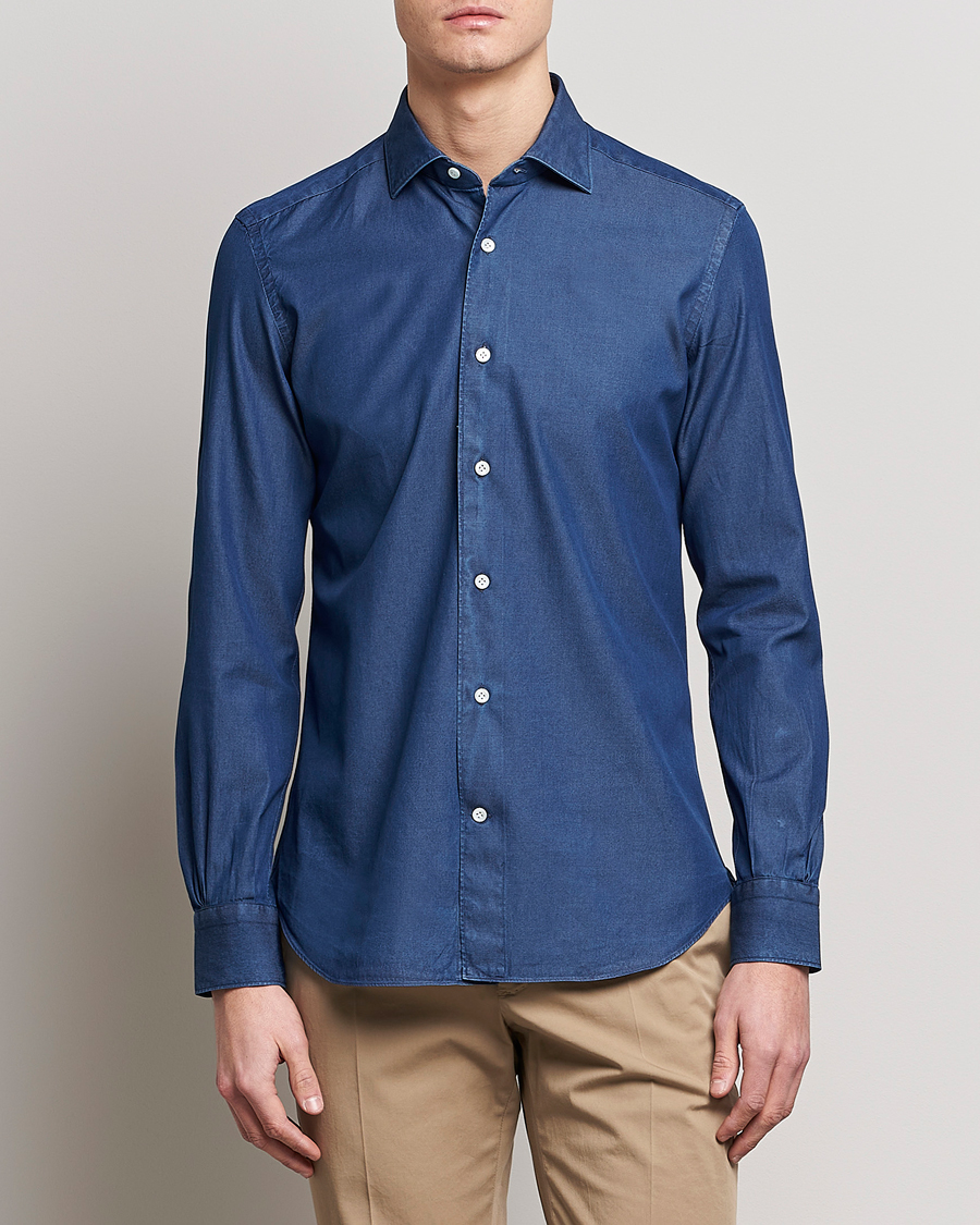 Herre | Skjorter | Mazzarelli | Soft Denim Cut Away Shirt Dark Indigo