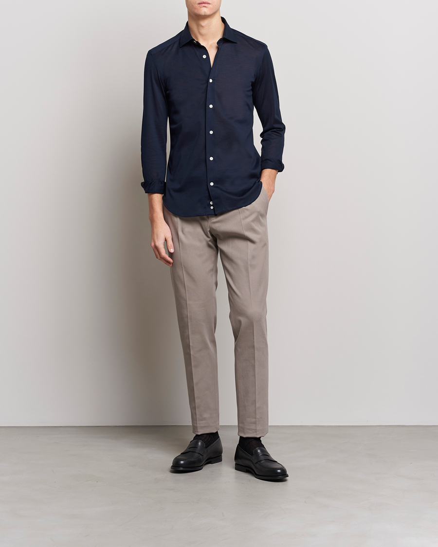 Herre | Skjorter | Mazzarelli | Soft Washed Piquet Shirt Navy