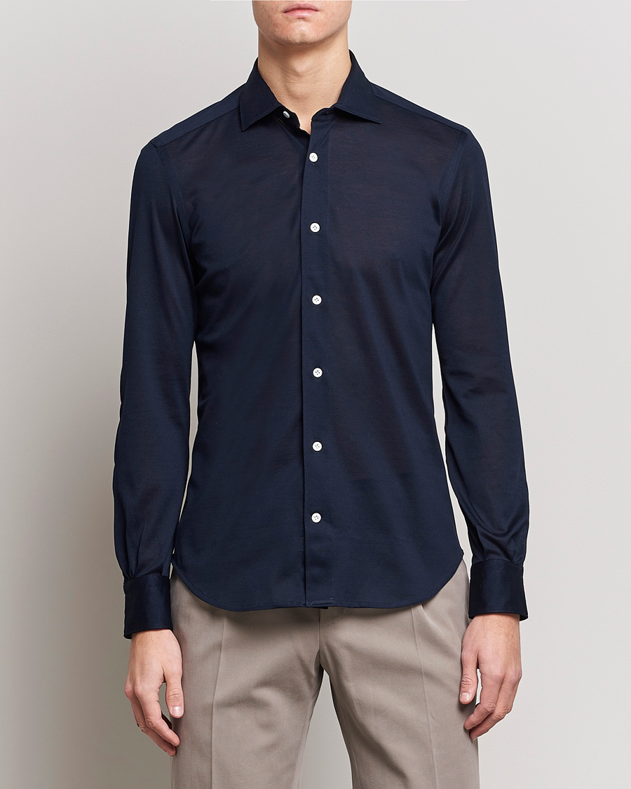 Herre | Skjorter | Mazzarelli | Soft Washed Piquet Shirt Navy