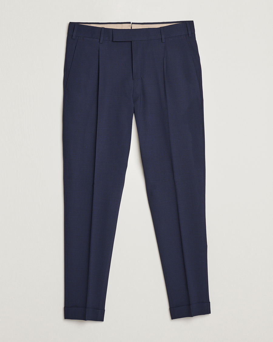 Herre | Bukser | PT01 | Slim Fit Pleated Glencheck Wool Trousers Navy