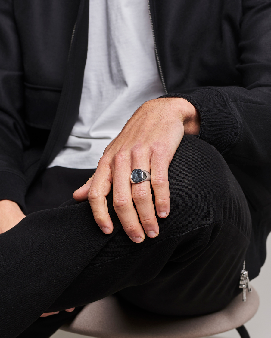 Men | Jewellery | Tom Wood | Oval Larvikite Ring Silver