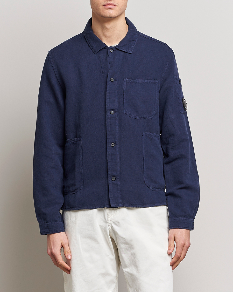 Herre |  | C.P. Company | Broken Linen/Cotton Garment Dyed Overshirt Navy