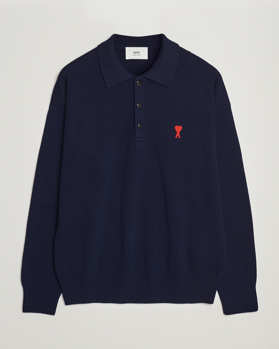 Herre | Gensere | AMI | Heart Long Sleeve Knitted Polo Navy