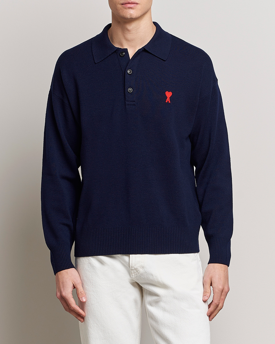 Herre | Gensere | AMI | Heart Long Sleeve Knitted Polo Navy