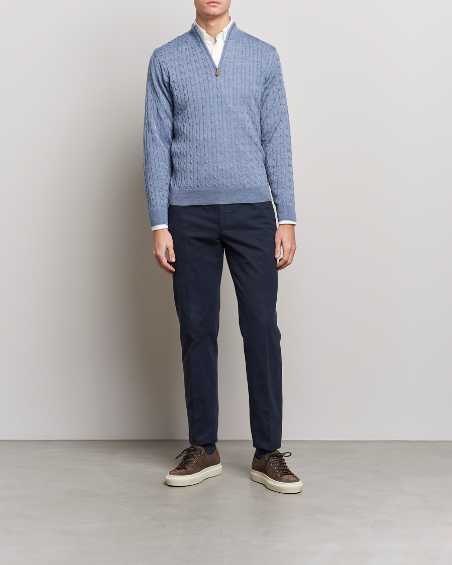 Herre | Gensere | Stenströms | Merino Cable Half Zip Light Blue