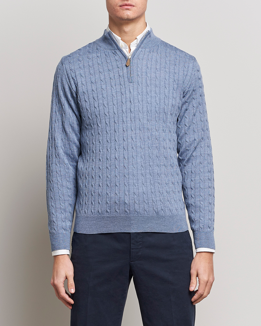 Herre | Gensere | Stenströms | Merino Cable Half Zip Light Blue
