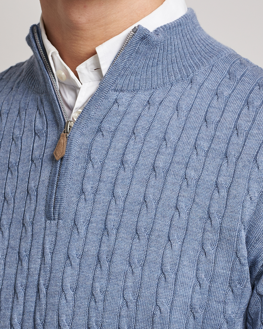 Herre | Gensere | Stenströms | Merino Cable Half Zip Light Blue
