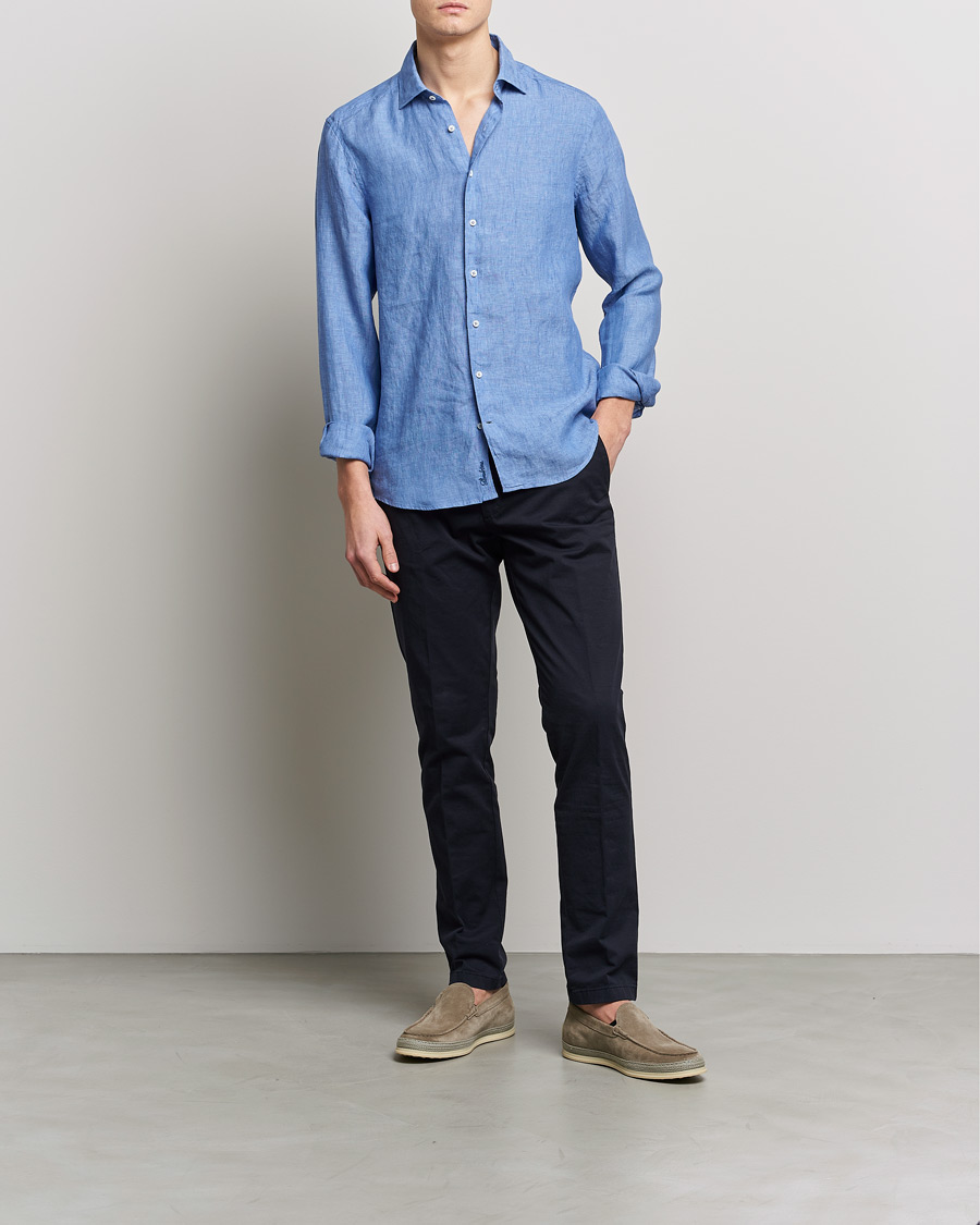 Herre | Skjorter | Stenströms | Slimline Cut Away Linen Shirt Mid Blue
