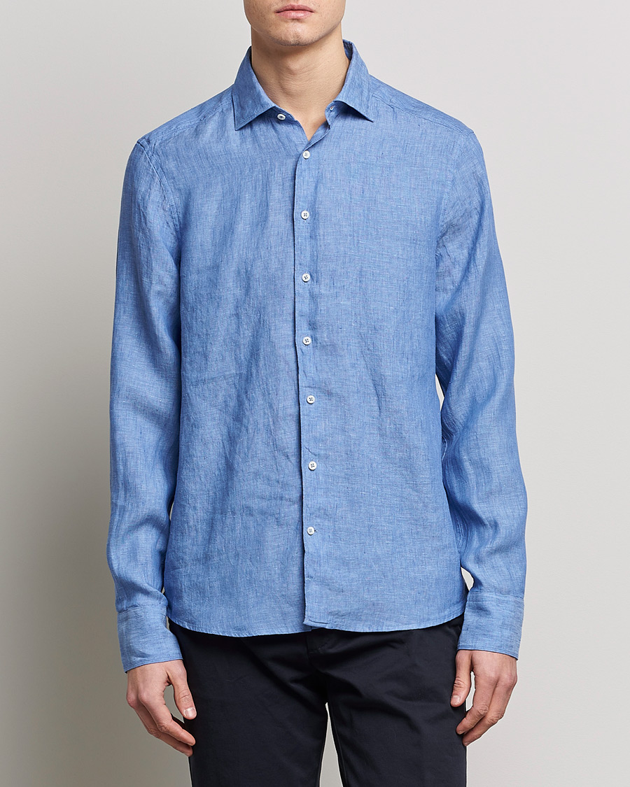 Herre | Linskjorter | Stenströms | Slimline Cut Away Linen Shirt Mid Blue