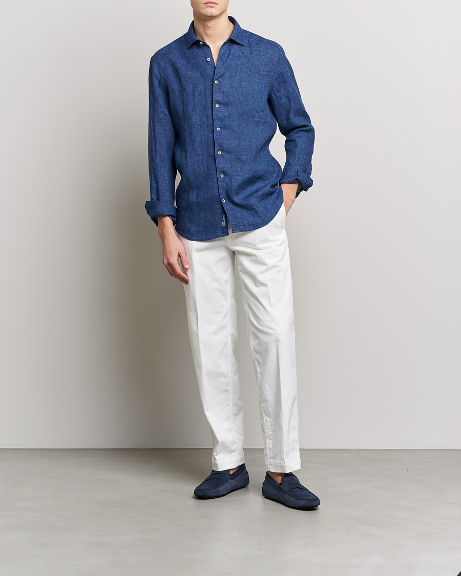Herre | Skjorter | Stenströms | Slimline Cut Away Linen Shirt Dark Blue