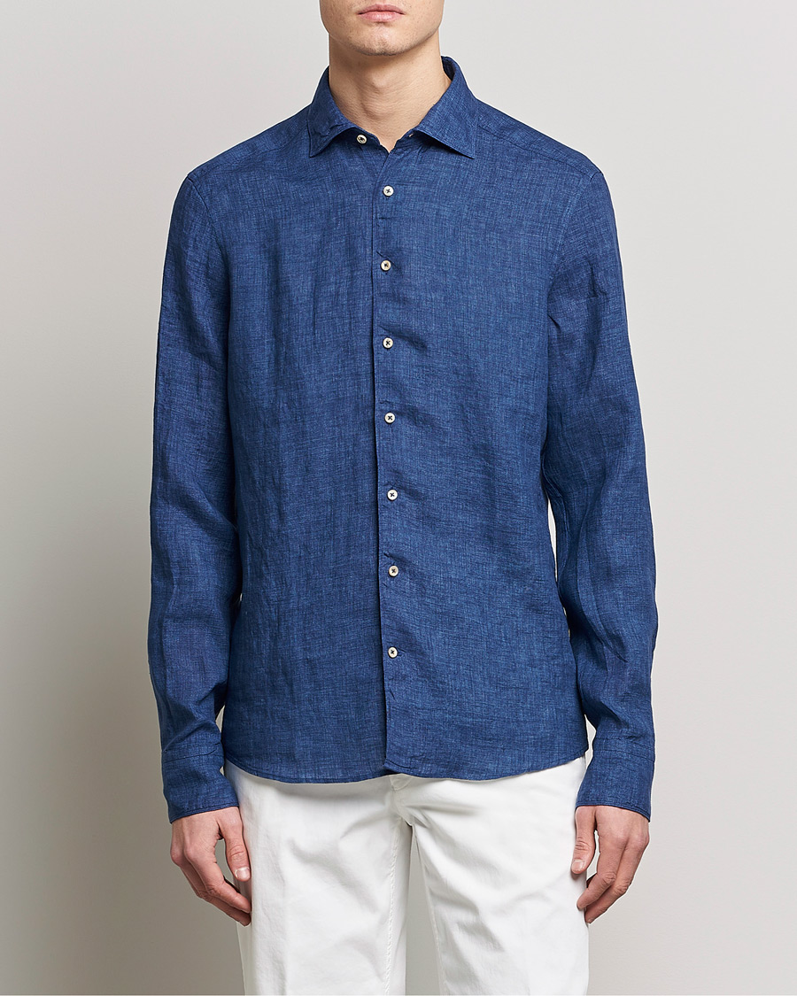 Herre |  | Stenströms | Slimline Cut Away Linen Shirt Dark Blue