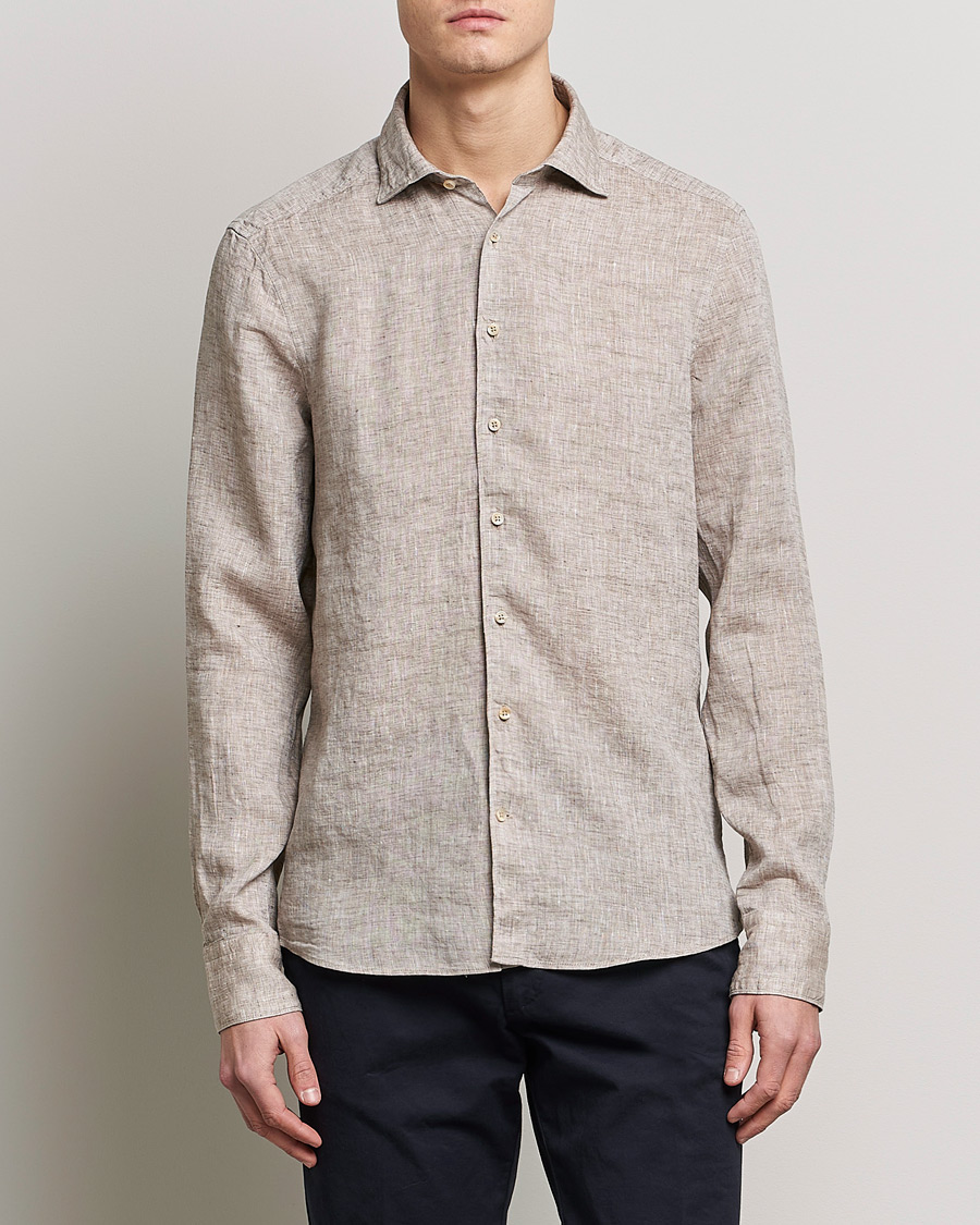 Herre | Plagg i lin | Stenströms | Slimline Cut Away Linen Shirt Light Brown