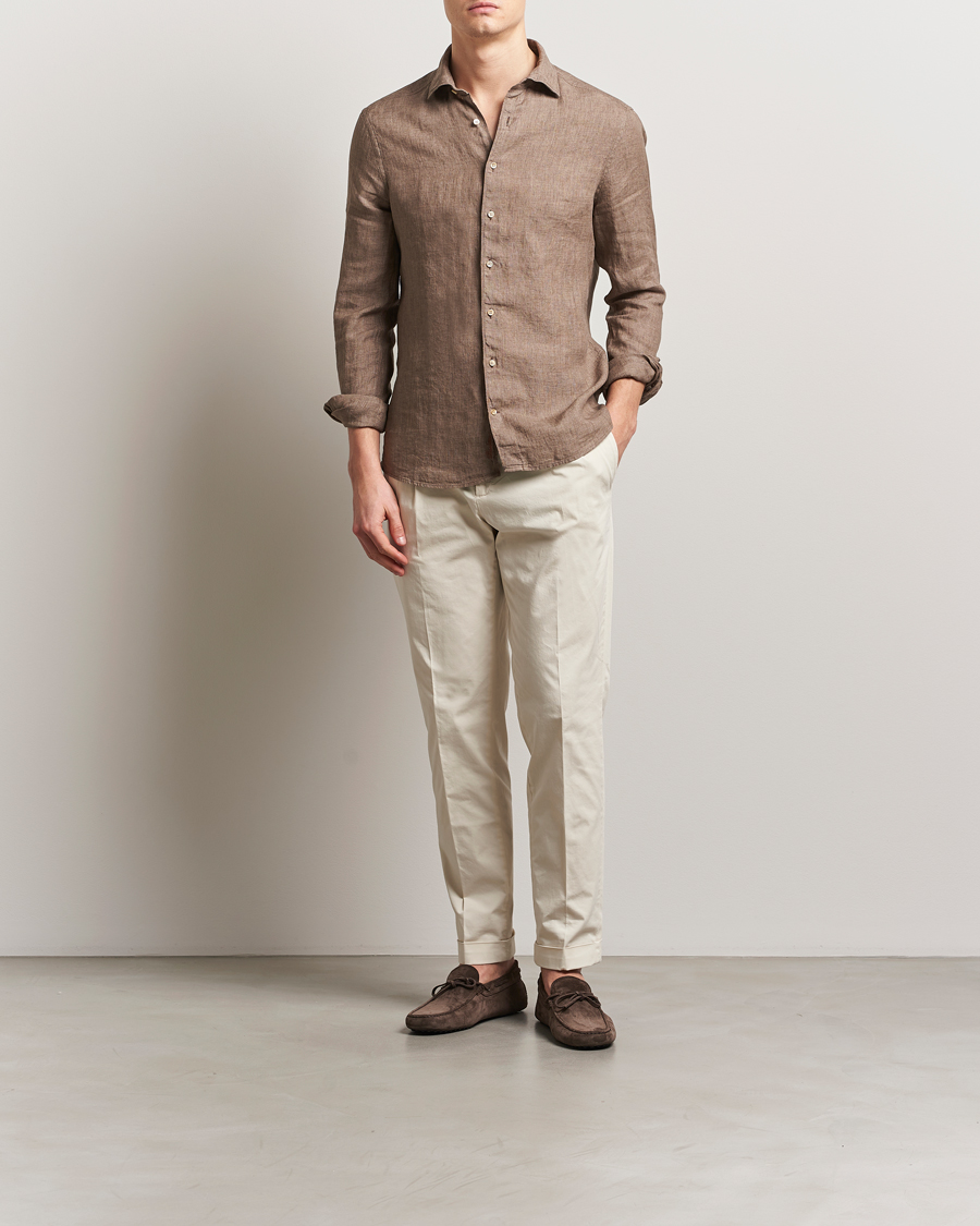 Herre | Skjorter | Stenströms | Slimline Cut Away Linen Shirt Brown