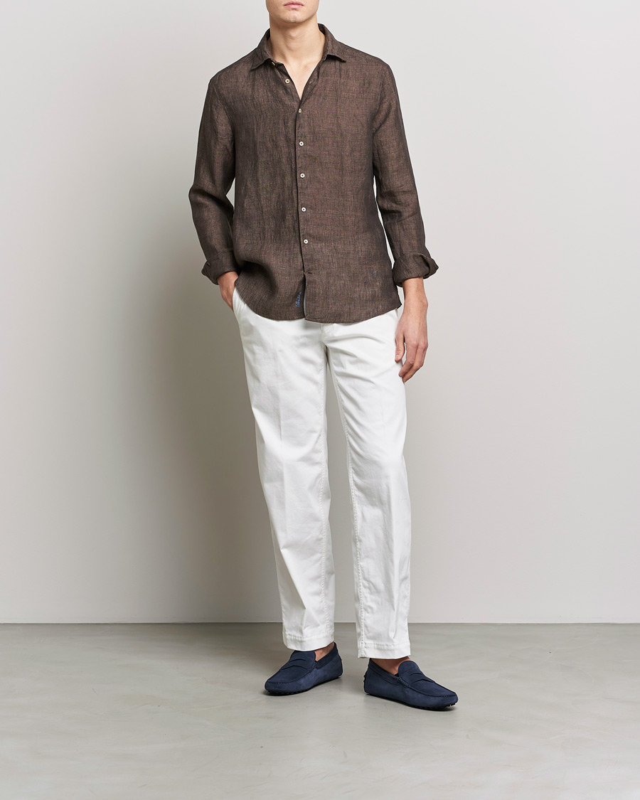 Herre | Skjorter | Stenströms | Slimline Cut Away Linen Shirt Dark Brown