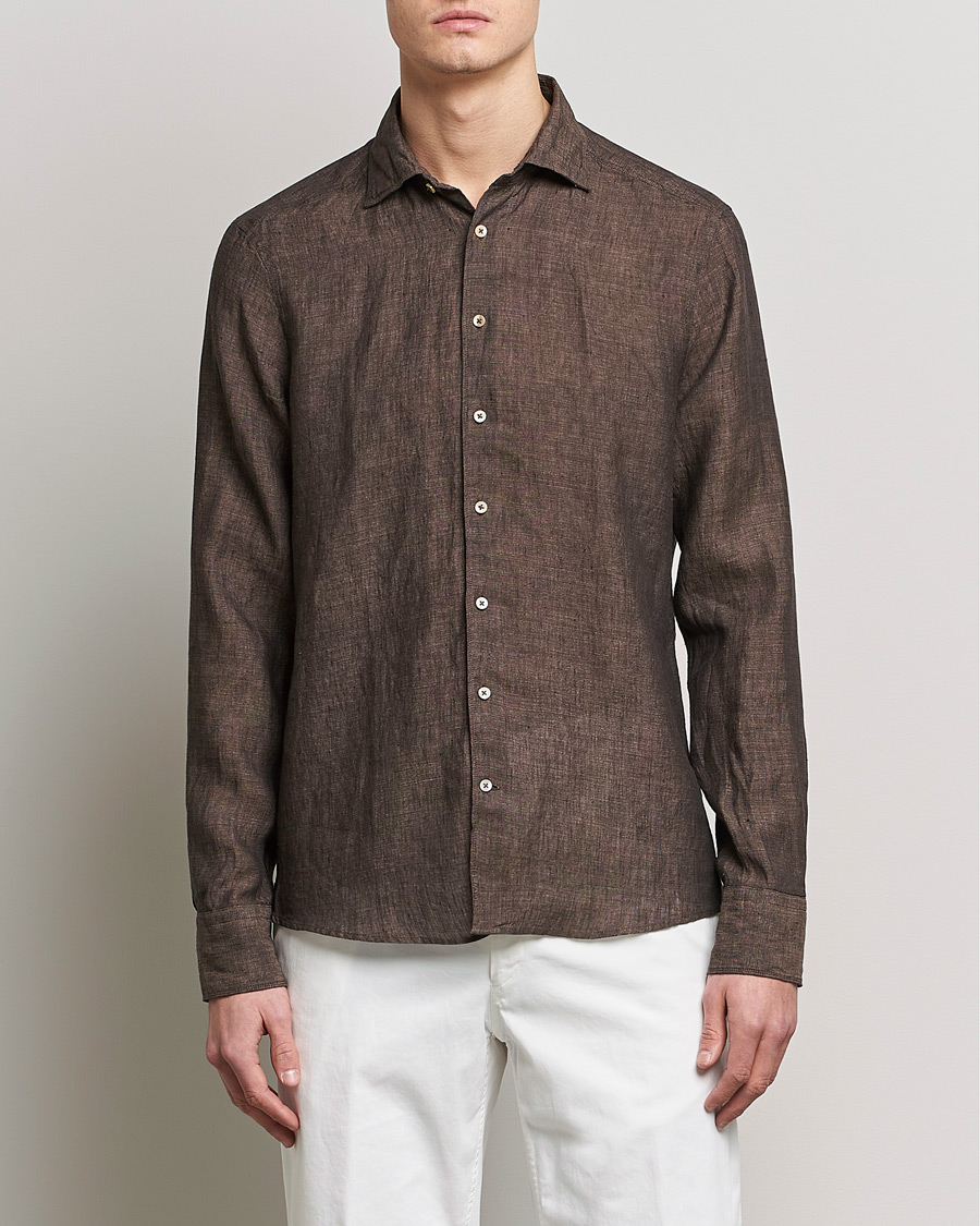 Herre | Dress | Stenströms | Slimline Cut Away Linen Shirt Dark Brown