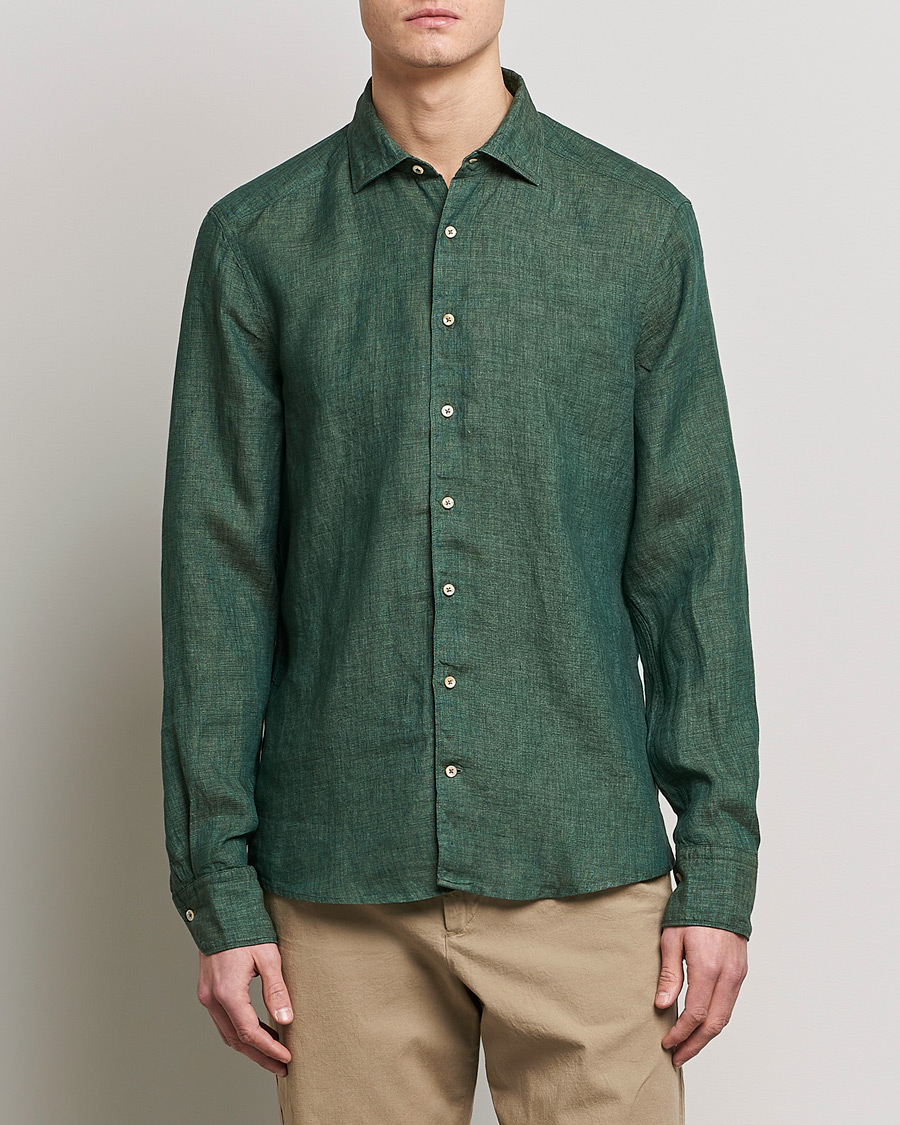 Herre | Linskjorter | Stenströms | Slimline Cut Away Linen Shirt Dark Green