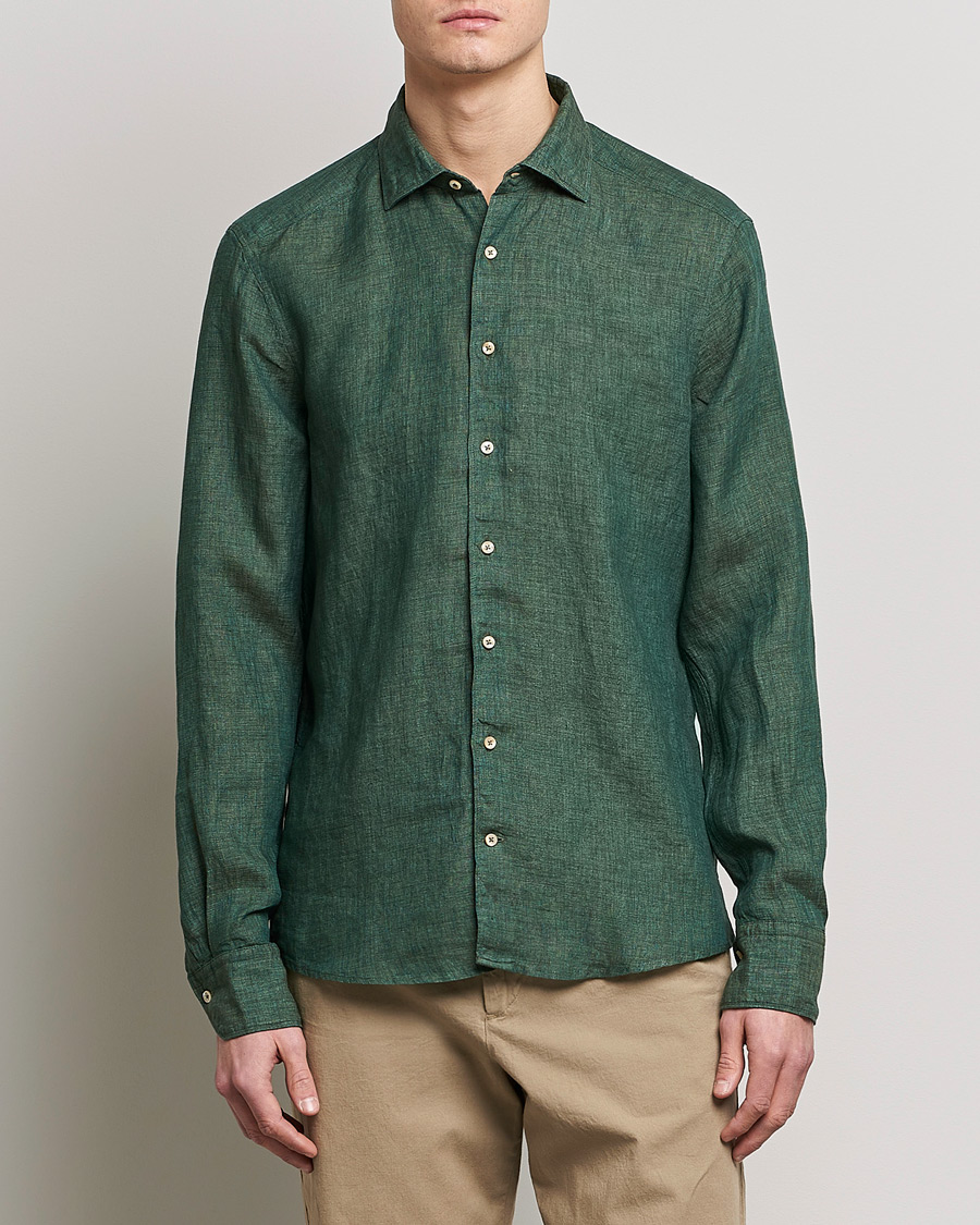 Herre | Plagg i lin | Stenströms | Slimline Cut Away Linen Shirt Dark Green