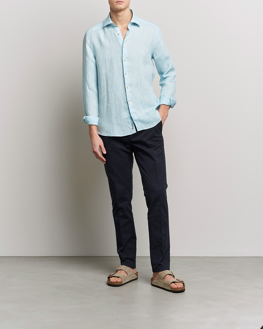 Herre | Skjorter | Stenströms | Slimline Cut Away Linen Shirt Turqoise
