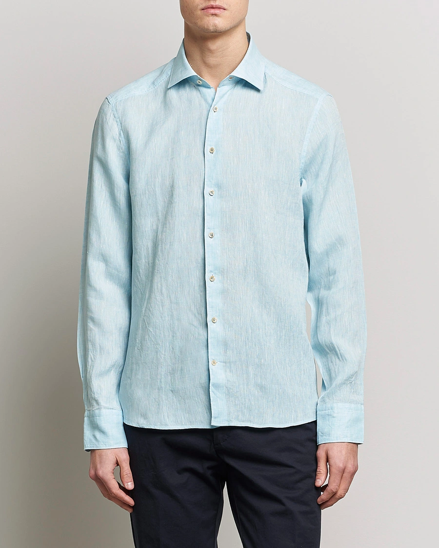 Herre | Skjorter | Stenströms | Slimline Cut Away Linen Shirt Turqoise