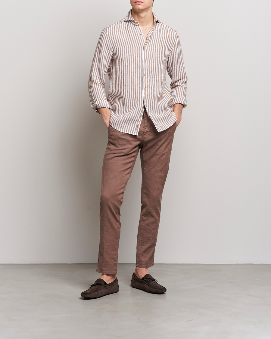 Herre | Skjorter | Stenströms | Slimline Cut Away Striped Linen Shirt Brown