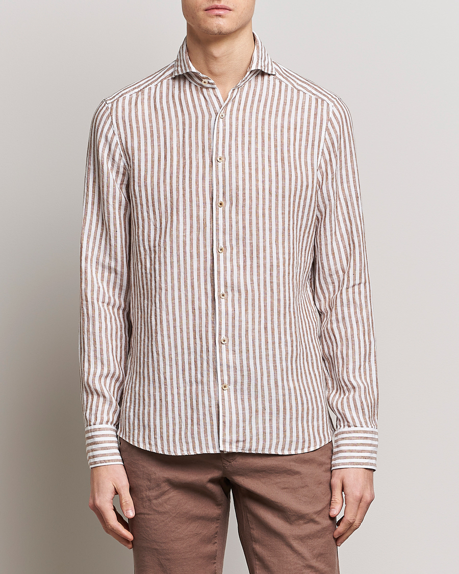 Herre | Business & Beyond | Stenströms | Slimline Cut Away Striped Linen Shirt Brown