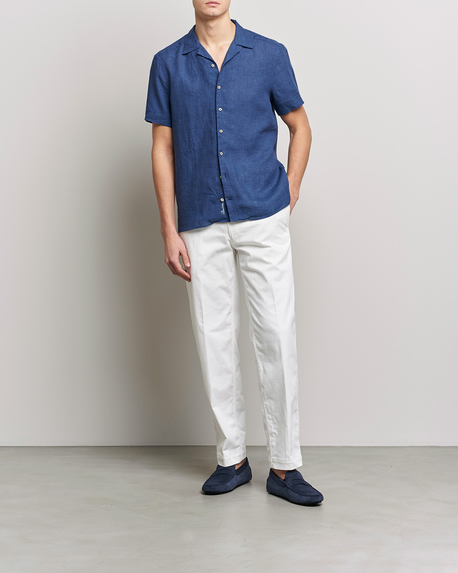 Herre | Skjorter | Stenströms | Slimline Short Sleeve Resort Linen Shirt Blue