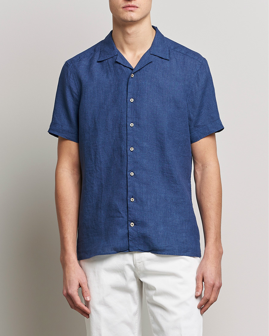 Herre |  | Stenströms | Slimline Short Sleeve Resort Linen Shirt Blue
