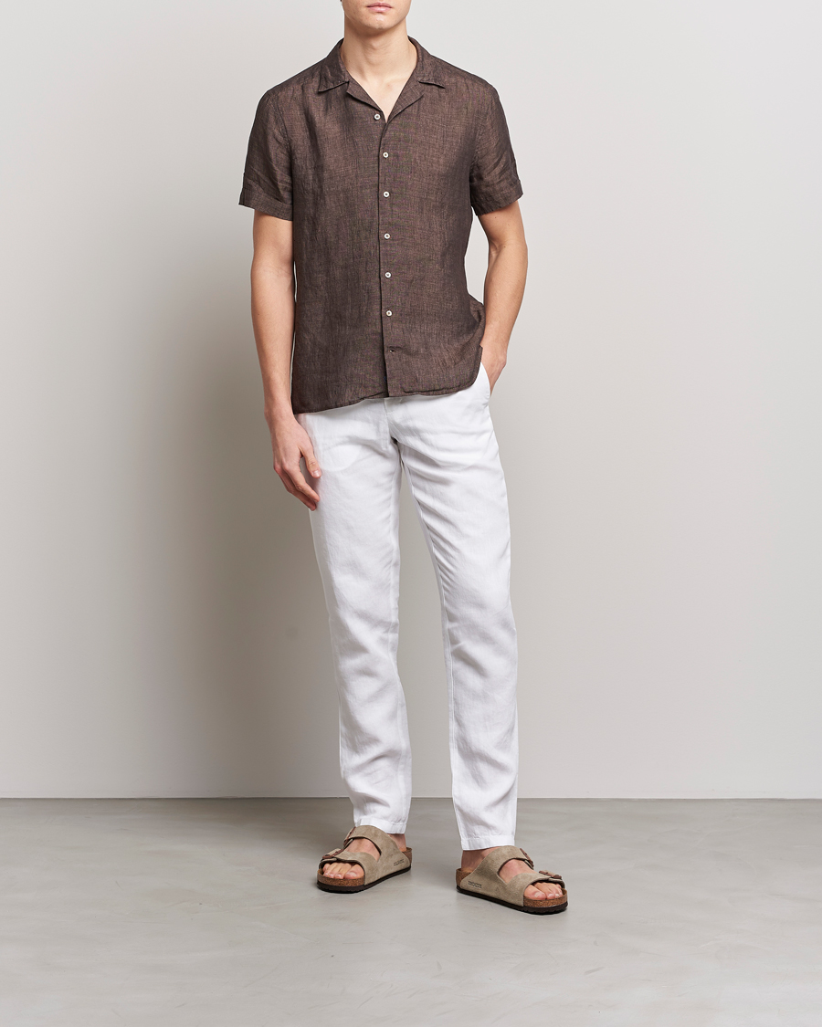 Herre | Skjorter | Stenströms | Slimline Short Sleeve Resort Linen Shirt Dark Brown