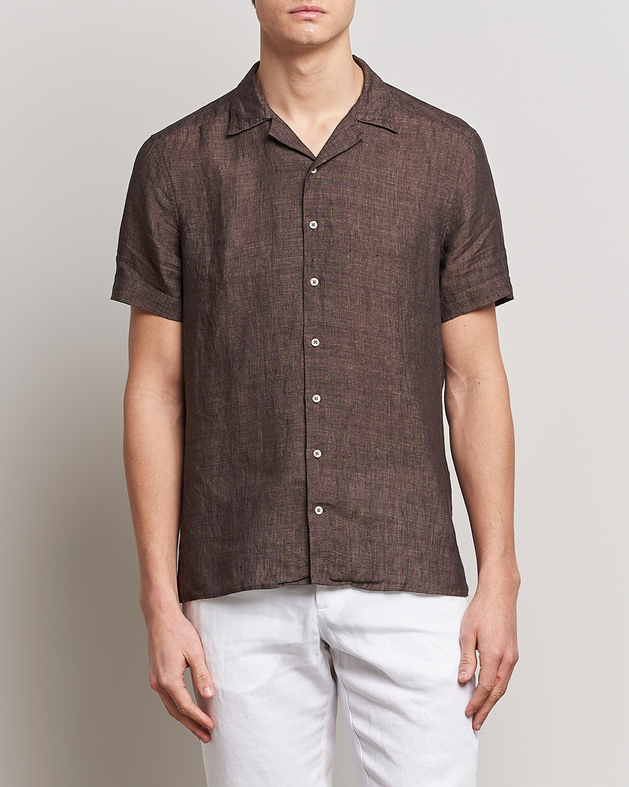 Herre |  | Stenströms | Slimline Short Sleeve Resort Linen Shirt Dark Brown