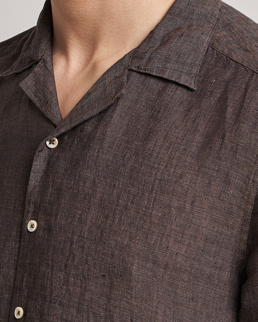 Herre | Skjorter | Stenströms | Slimline Short Sleeve Resort Linen Shirt Dark Brown
