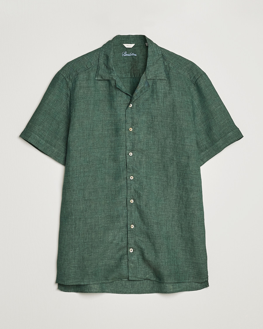 Herre | Skjorter | Stenströms | Slimline Short Sleeve Resort Linen Shirt Dark Green