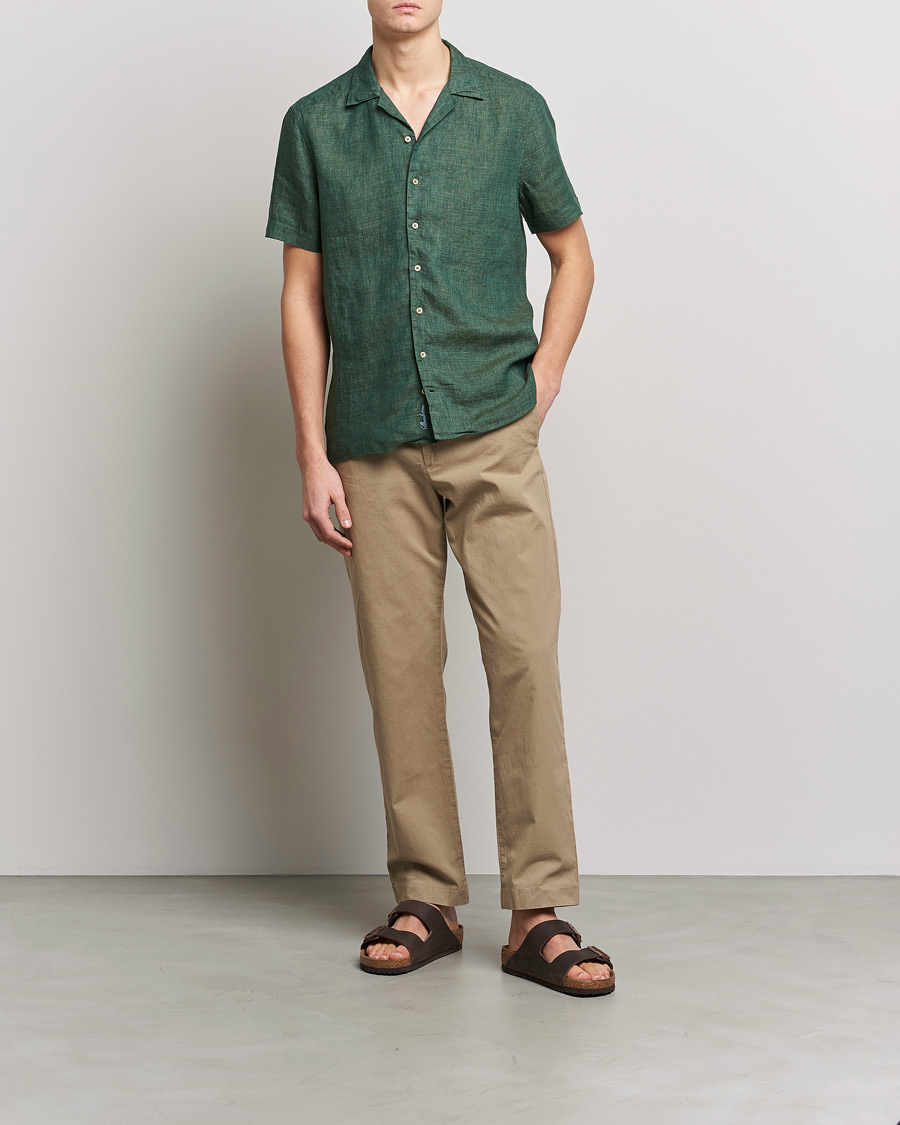 Herre | Skjorter | Stenströms | Slimline Short Sleeve Resort Linen Shirt Dark Green