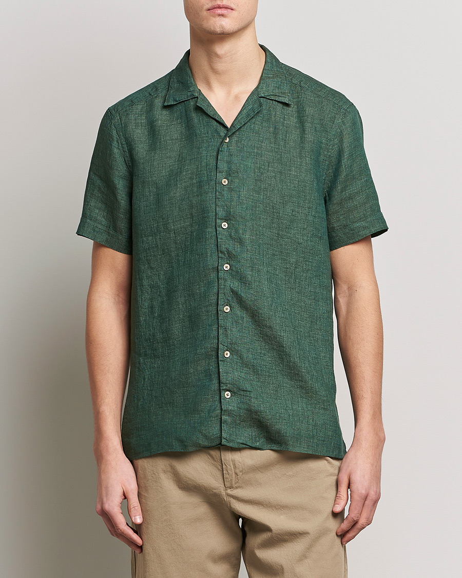 Herre |  | Stenströms | Slimline Short Sleeve Resort Linen Shirt Dark Green